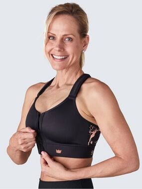 Shefit Flex Sports Bra - Front zip Black Sports Bra with Pink Accent